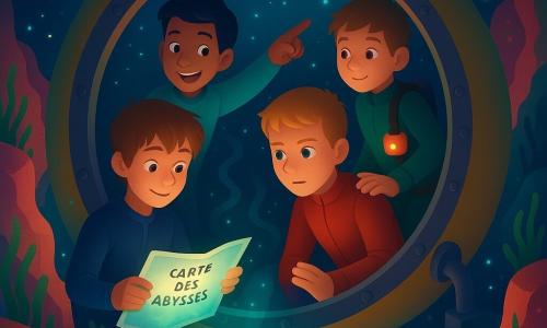 Quatre garçons dans une capsule de plongée ronde descendant dans une mer nocturne bioluminescente : Noé (12 ans) cheveux brun clair en bataille, yeux noisette, combinaison bleu marine, assis avant gauche tenant une carte plastifiée qui luit ; Sami (11 ans) teint hâlé, cheveux noirs courts, combinaison turquoise, debout derrière Noé à gauche pointant un banc de poissons argentés ; Léo (12 ans) cheveux blonds courts, combinaison rouge, accroupi avant droit la main sur un hublot ; Hugo (11 ans) cheveux châtains, combinaison verte avec lampe étanche orange, arrière droit ajustant un levier. La capsule s’arrête face à trois chemins sous-marins dans un canyon corallien aux parois roses et oranges, anémones et varechs ondulant, particules lumineuses et poissons argentés virevoltant tandis que la carte s’illumine sous la lueur des animaux marins, créant une atmosphère d’émerveillement.