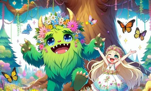Un monstre gentil nommé Gruffy, avec une fourrure verte et des yeux pétillants, danse sous un grand chêne, souriant chaleureusement. À ses côtés, Lily, une petite fille de 8 ans aux longs cheveux blonds et aux yeux brillants, rit en sautant autour de lui, vêtue d'une robe colorée. En arrière-plan, le Jardin des Merveilles s'étend, rempli de fleurs géantes, d'arbres scintillants et de papillons, créant une atmosphère magique. La scène illustre leur amitié alors qu'ils se préparent à sauver le jardin d'un sorcier maléfique.