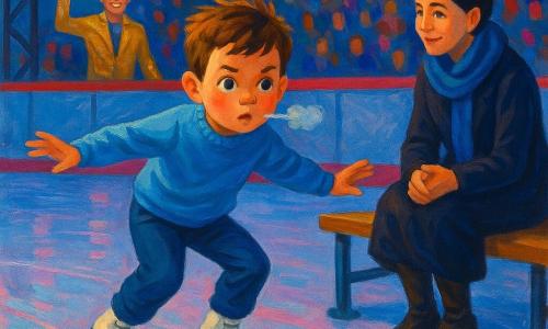 Un garçon de 8 ans au visage rond et cheveux châtains courts, concentré et déterminé, patine au centre d’une grande patinoire intérieure en pull bleu ciel et patins blancs, genoux pliés et bras ouverts; Sacha, un homme d’environ 30 ans en costume doré à sequins, se tient derrière la rambarde et lève la main pour l’encourager, légèrement flou, et Élise, une femme d’environ 40 ans en manteau sombre et écharpe bleue, assise près de la glace, le regarde avec bienveillance; glace lisse aux reflets bleus et roses, gradins animés, banderoles de compétition, ambiance de finale tendue mais joyeuse alors que le garçon réussit un tour sans tomber.