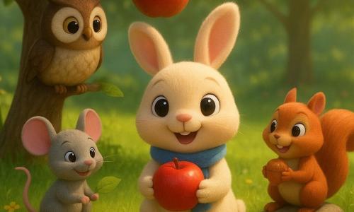Léon, petit lapin crème au pelage doux et écharpe bleue, tient une pomme rouge et la montre à ses amis. Mina, petite souris grise aux oreilles roses, sourit en tenant une feuille, assise sur une touffe d'herbe à gauche. Oscar, hibou brun rond aux grands yeux, est perché sur une branche au-dessus, calme et curieux. Lulu, écureuil roux à grosse queue, enthousiaste, tient une noisette près d'un ruisseau à droite. Dans une clairière ensoleillée avec herbe verte, fleurs colorées et pierres au bord d'un ruisseau scintillant, un pommier porte une grosse pomme rouge; la scène centrée et chaleureuse montre les petits aventuriers réunis pour partager la pomme, aux couleurs vives et textures douces.