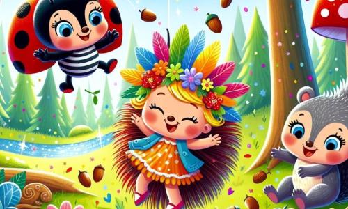 Lili la coccinelle, joyeuse avec ses ailes rouges à pois noirs, saute de feuille en feuille, rayonnante de bonheur. À côté, Léon le hérisson, avec son chapeau à plumes colorées, sourit en essayant de ne pas le faire tomber, tandis que Zoé l’écureuil jongle avec des noisettes sur une branche. La scène se déroule dans une forêt enchantée, avec des arbres majestueux, des feuilles brillantes sous le soleil et des fleurs multicolores au sol. Un ruisseau scintille en arrière-plan, ajoutant de la magie à l’atmosphère. Lili propose à ses amis de préparer une grande fête surprise, et tous trois rient en imaginant les décorations et les jeux.