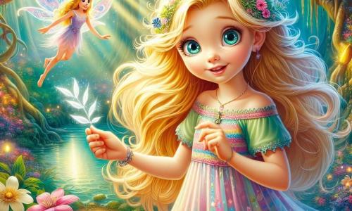 Élina, une jeune fille aux cheveux dorés et aux yeux curieux, se tient au bord d'un lac scintillant, émerveillée et excitée, tenant une Plume d'Argent. Elle porte une robe légère en tissu pastel ornée de fleurs colorées. À ses côtés, une petite fée aux ailes brillantes flotte, souriante, partageant un secret magique. Le décor est une forêt enchantée avec des arbres majestueux et des fleurs éclatantes, où un rayon de soleil filtre à travers les feuilles. Élina, prête à faire un vœu, regarde la fée tout en ressentant la tristesse des animaux de la forêt.
