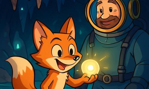 Un renard nommé Félix, avec un pelage orange vif et des yeux curieux, se tient au bord d'une rivière souterraine, émerveillé par une perle de lumière qu'il vient de saisir. À ses côtés, Oliver, un scaphandrier en combinaison bleue, sourit avec fierté et admiration pour son jeune ami. La scène se déroule dans une grotte immense, illuminée par des stalactites et des pierres luminescentes, tandis que la rivière murmure doucement. Félix, tenant la perle, s'apprête à remonter vers la surface, encouragé par Oliver.