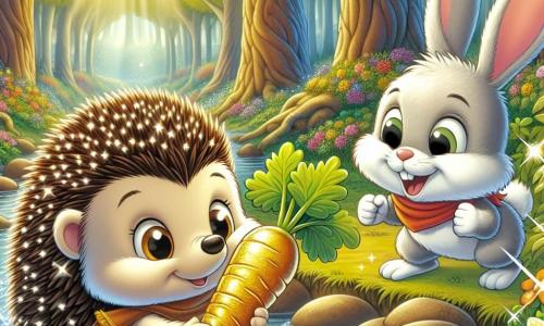 Un petit hérisson nommé Piquet, avec un pelage doux et des épines brillantes, montre une grande détermination en poussant une carotte d'or avec ses petites pattes, ses yeux pétillants de joie. À ses côtés, son ami le lapin Fripon, un adorable lapin aux grandes oreilles et au pelage blanc, saute de bonheur, émerveillé. La scène se déroule près d'un ruisseau entouré de fleurs colorées et de pierres brillantes, avec des arbres majestueux dont les feuilles dansent dans le vent. Piquet et Fripon découvrent ensemble la carotte d'or, symbole de leur amitié, célébrant leur victoire au cœur de la forêt enchantée.