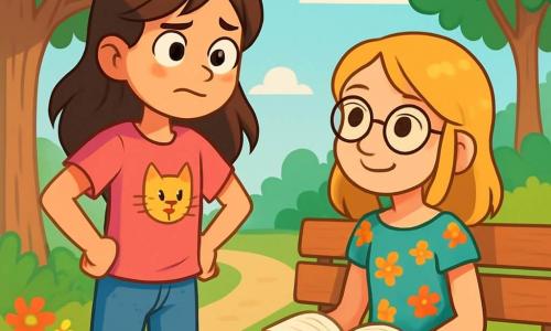 Célia, 12 ans, a de longs cheveux bruns et des yeux curieux. Elle porte un t-shirt rose avec un chat et un jean bleu, affichant une légère nervosité mais aussi une détermination. Elle est debout, les mains sur les hanches, prête à s'excuser auprès de sa meilleure amie. À côté, Léa, également 12 ans, a des cheveux blonds et des lunettes rondes. Elle sourit à Célia, assise sur un banc dans le parc, portant une robe à fleurs et tenant un livre ouvert. Le parc est verdoyant, avec des arbres, un ciel bleu clair et des fleurs colorées. Célia prend une profonde inspiration, prête à avouer son mensonge à Léa, sous un doux soleil qui éclaire leur amitié naissante.