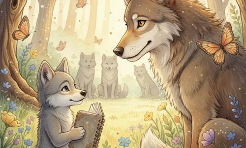 Un louveteau gris clair au museau blanc, pelage doux et regard timide tient un vieux carnet spirale cuivré devant un vieux loup brun-ocre au sourire bienveillant, assis et inclinant la tête ; trois loups flous forment un demi-cercle en arrière-plan dans une vaste clairière d'herbes hautes et fleurs vives, papillons translucides et arbres noueux, lumière dorée filtrée et légère brume ; scène silencieuse d'échange de confiance et de sagesse, atmosphère chaleureuse, magique et paisible, tons pastels avec accents dorés.