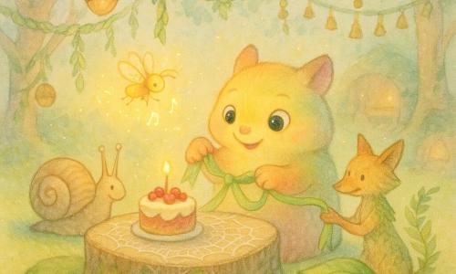 Dans la Clairière des Mille Parfums, une fête chaleureuse autour d’un gâteau crémeux aux fruits rouges posé sur un tronc-table : le petit personnage principal, animal magique à fourrure changeante (jaune, vert, rose), rond et bas, yeux brillants, tient le ruban de soie végétale au centre de la table, émerveillé ; Paillette, luciole dorée, trace des notes lumineuses au-dessus du gâteau ; Mousse, escargot chef d’orchestre au coquillage beige, marque le rythme en tapotant une coquille à gauche ; Brindille, renard de feuilles et fougères, souriant, tient l’autre extrémité du ruban à droite et aide à nouer ; un petit invité timide caché sous une feuille reçoit une part et paraît soulagé et heureux. Le sol est tapissé de mousse, lanternes en coquilles de noix et rubans de feuilles pendent aux branches, coussins en mousse entourent le tronc et une nappe de toile d’araignée délicate et une guirlande de clochettes décorent l’arrière-plan ; on voit mains, pattes et antennes coopérer pour nouer le ruban et souffler la bougie dans une atmosphère douce et conviviale.