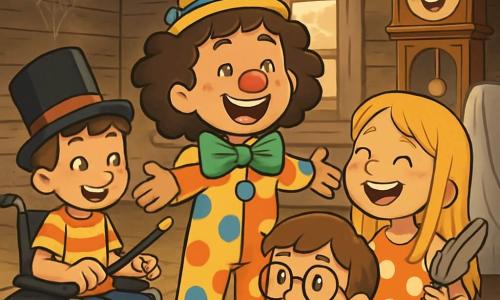 Quatre enfants se trouvent dans une vieille maison abandonnée : Léna, 10 ans, avec des cheveux bouclés et bruns, porte un costume de clown coloré et se tient au centre, souriante. Tom, également 10 ans, est assis dans un fauteuil roulant, vêtu d'un t-shirt à rayures et d'un chapeau de magicien, tenant une baguette magique. Zoé, 10 ans, a des cheveux longs et blonds, porte une robe à pois et tient une plume, riant à droite de Léna. Max, avec des lunettes rondes et des cheveux châtains, est à l'arrière, observant avec un livre de blagues sur ses genoux. L'ambiance est mystérieuse avec des murs en bois usés et des fenêtres poussiéreuses. Les enfants chantent une chanson drôle autour d'une horloge grinçante qui commence à émettre un léger cliquetis, prête à rire.