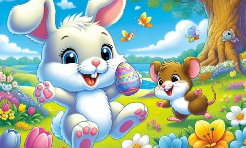 Un petit lapin nommé Léo, avec un pelage blanc et des yeux pétillants, saute joyeusement dans un jardin fleuri, tenant un œuf coloré. À ses côtés, sa meilleure amie, Mia la souris, sourit en tenant un œuf bleu. Le jardin est rempli de tulipes, de jonquilles et de papillons, sous un ciel bleu. Un grand chêne offre de l'ombre et des oiseaux chantent dans ses branches. La scène illustre Léo et Mia en pleine chasse aux œufs de Pâques, entourés de rires et de couleurs, capturant la magie du printemps.