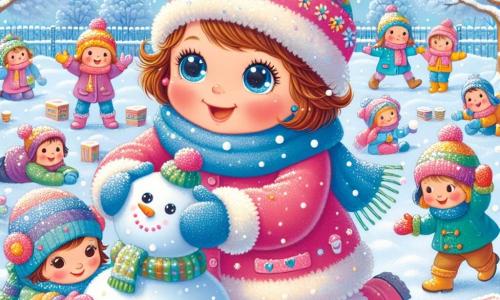 Une petite fille de 1 an, aux grands yeux brillants et joues roses, joue dans la neige. Elle porte un manteau rose vif, un bonnet à pompon et des gants colorés, souriant en attrapant des flocons de neige. À côté d'elle, Madame Sophie, la maîtresse d'environ 30 ans, aide les enfants à rouler des boules de neige pour construire un bonhomme de neige, tout en encourageant Léa. Le jardin d'école est recouvert de neige scintillante, avec des arbres chargés de neige et un ciel bleu clair. Les enfants rient et s'amusent à construire un bonhomme de neige, créant un tableau hivernal enchanteur.