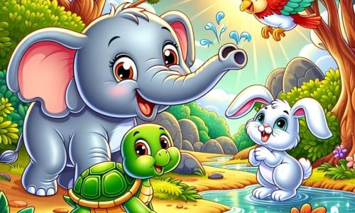 Un éléphant joyeux, avec une peau grise et de grandes oreilles, se tient au bord d'une rivière scintillante, souriant avec des yeux pétillants. À côté, une tortue verte à la carapace brillante regarde l'éléphant en hochant la tête. Un lapin blanc aux grandes oreilles, sautillant avec enthousiasme, est juste derrière, prêt à bondir. Un oiseau rouge vole au-dessus d'eux, chantant joyeusement. La scène se déroule dans une forêt magique avec des arbres aux troncs épais et des feuilles dorées. La rivière, pleine d'eau claire, serpente entre les rochers, entourée de verdure. L'éléphant utilise sa trompe pour souffler de l'eau dans la rivière, tandis que les autres animaux l'encouragent avec joie.