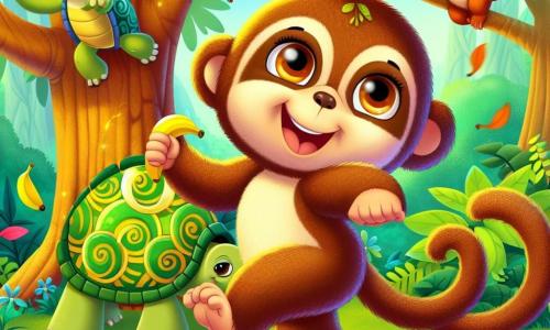 Titi, le petit singe espiègle, danse joyeusement sur une branche, tenant une banane, tandis que des feuilles colorées volent autour de lui. Rita, la tortue, l'observe avec un sourire bienveillant et applaudit lentement. Bibi, le paresseux, est suspendu à une liane, amusé et endormi par les mouvements de Titi. La scène se déroule dans une clairière ensoleillée de la forêt enchantée, entourée d'arbres majestueux et de fleurs colorées. Titi captive l'attention des animaux présents qui l'encouragent avec des cris de joie et des applaudissements.