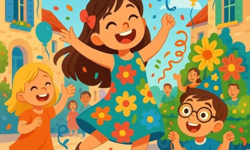 Clara, une petite fille de 8 ans aux longs cheveux bruns et aux yeux pétillants, danse avec un grand sourire dans une robe colorée ornée de fleurs, entourée de confettis. Ses amis, une fille blonde de 8 ans et un garçon de 9 ans avec des lunettes, rient et lancent des serpentins, tous en costumes festifs. La scène se déroule dans une rue animée d'un village français, décorée de guirlandes, de ballons et de chars allégoriques. Les maisons en pierre ajoutent une touche pittoresque. Clara et ses amis s'amusent au rythme de la musique, tandis que les villageois les regardent avec des sourires, créant une atmosphère de bonheur et de célébration.