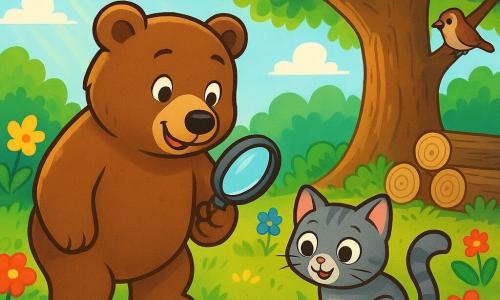 Balthazar l'ours, un gros ours brun au pelage doux et aux yeux curieux, se tient au centre avec une loupe, déterminé et joyeux. À ses côtés, Pipo le chaton, un petit chaton gris aux grands yeux ronds, regarde avec émerveillement, sa queue enroulée autour de ses pattes. Le jardin est rempli de fleurs colorées, de buissons verdoyants et d'un vieux chêne majestueux, sous lequel se trouve un tas de bois. Des rayons de soleil filtrent à travers les feuilles, créant des ombres dansantes. La scène montre Balthazar et Pipo en pleine enquête, examinant des traces mystérieuses sur le sol, entourés d'indices comme une plume jaune et des miettes de biscuit, tandis qu'un petit moineau les observe depuis une branche.