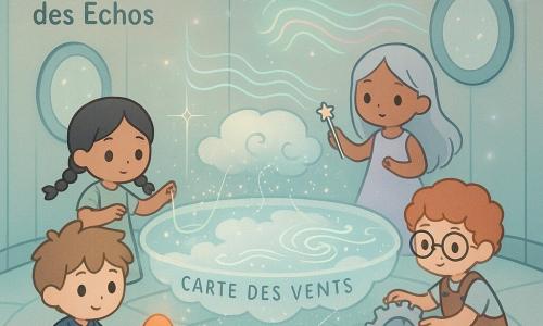 Quatre enfants protègent la Carte des Vents au centre d'une chambre ronde nommée « chambre des échos » : Léo (~11 ans) aux cheveux châtain clair en bataille et veste bleu nuit touche doucement une lampe de balise brillante qui projette un faisceau orange ; Mina (~10 ans), peau claire et tresses noires, en robe verte ornée de petites runes dorées, tisse à gauche des fils lumineux formant un réseau protecteur autour de la Carte flottante ; Jules (~12 ans), roux bouclé en salopette de cuir avec lunettes rondes, ajuste à droite un mécanisme d'engrenages argentés ; Sira (~11 ans), cheveux longs argentés et robe lavande, tient une petite flûte étoilée et chante, faisant onduler des bandes sonores pastel. La chambre a des murs couverts de miroirs lunaires argentés, un sol en dalles de verre opalescent, lumière turquoise et rose diffuse, poutres en acier poli et fils lumineux suspendus ; la Carte, grande feuille translucide de nuage et d'encre argentée, émet une poussière d'étoile scintillante ; l'atmosphère est paisible mais tendue, des ombres métalliques en lisière suggèrent une menace lointaine.