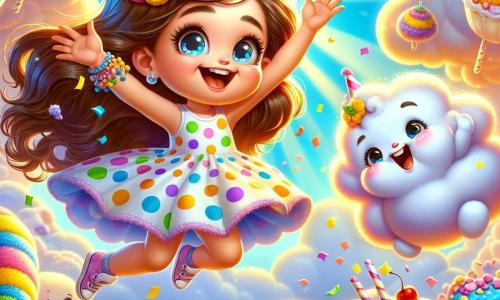 Lila, une petite fille de 6 ans aux longs cheveux bruns et aux yeux pétillants, porte une robe à pois multicolores. Elle saute de nuage en nuage, souriante et excitée. À ses côtés, Nino, un bonhomme de nuage souriant, fait des pirouettes. Ils évoluent dans un monde fantastique de nuages en sucre dans un ciel bleu éclatant, entourés de nuages en forme de bonbons. Ils s'amusent ensemble, riant et sautant, avec des confettis colorés flottant autour d'eux, illustrant leur bonheur et leur esprit d'aventure.