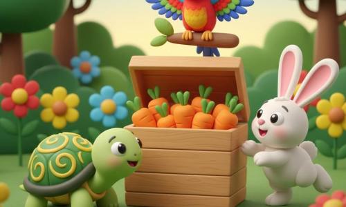 Une tortue ronde à carapace verte et motifs jaunes, souriante et curieuse, avance vers une boîte en bois ouverte remplie de carottes orange vif; à côté, Léon le lapin blanc aux grandes oreilles roses saute joyeusement en regardant la boîte, tandis que Pipo le perroquet aux plumes rouge-bleu-vert est perché au-dessus, battant des ailes; en arrière-plan, un jardin ensoleillé avec pelouse, fleurs et arbres, ambiance chaleureuse et de partage.