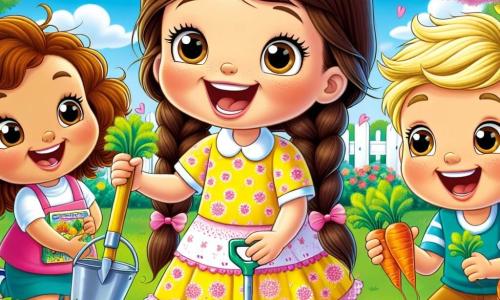 Lola, une petite fille de 6 ans avec de longs cheveux bruns et des tresses, porte une robe jaune à fleurs et sourit joyeusement en creusant un trou pour planter des graines. À côté d'elle, Tom, un garçon blond de 6 ans, plante des carottes en riant. Clara, une autre fille de 6 ans aux cheveux bouclés et en robe rose, tient un paquet de graines de radis, prête à les semer. La scène se déroule dans la cour de l'école, où un jardin coloré prend forme sous un ciel bleu parsemé de nuages blancs. Ils plantent des graines pour leur potager, riant et chantant, impatients de voir leurs légumes grandir.