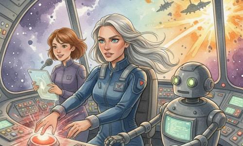 Lila, pilote adulte au visage déterminé et aux cheveux argentés flottant, appuie avec force sur un grand bouton rouge dans le cockpit arrondi de l'Étoile Filante tandis qu'à travers le hublot panoramique on voit des nébuleuses violettes et vertes et l'explosion des vaisseaux ennemis ; à ses côtés, Max, robot rond et amical aux yeux-lampes verts et écran lisant du code, tend un bras vers un panneau de commandes, et un peu en retrait à gauche Mia, jeune femme aux cheveux châtains courts, parle au micro en consultant une tablette holographique — moment de tension héroïque, lumière vive, étincelles, expressions de courage et de soulagement.