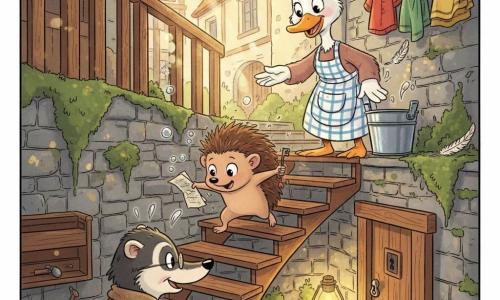 Noisette, petit hérisson aux piquants bruns et aux grands yeux, descend en chantonnant un escalier en bois en spirale, tenant une feuille froissée et une petite clé en bois; Mirelle, une cane au tablier à carreaux, l'encourage depuis le lavoir près d'un seau et de linges sur une corde; Monsieur Taupe, un vieux blaireau aux lunettes rondes et au manteau usé, attend en bas, éclairé par une lampe jaune et prêt à ouvrir une porte de cave; le vieux lavoir aux murs de pierre moussus, dalles humides et rayons de soleil crée une ambiance chaleureuse aux couleurs chaudes et aux textures boisées, ponctuée de détails charmants (bulles d'eau, plumes, clé).