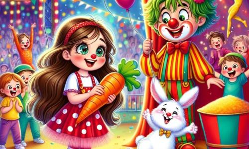 Célia, une petite fille de 8 ans aux longs cheveux bruns et aux yeux pétillants, tient une carotte en plastique et sourit devant un chapiteau de cirque coloré. Elle porte une robe à pois et des chaussures rouges. À ses côtés, Bobo, un clown joyeux avec un nez rouge et des cheveux verts, fait des grimaces tout en agitant des ballons. En arrière-plan, des acrobates s'élancent dans les airs, tandis que des enfants rient et applaudissent, créant une ambiance festive. Célia essaie d'attirer un petit lapin blanc caché derrière un seau de confettis, ajoutant une touche d'aventure à cette journée au cirque.