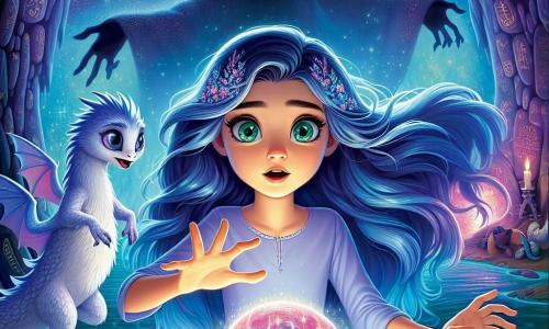 Eléa, une jeune femme aux longs cheveux indigo, se tient au centre d'une grotte flottante, son visage illuminé par l'Orbe de Lyeor. Ses yeux verts brillent d'excitation et de détermination alors qu'elle tend la main vers la sphère irisée. À ses côtés, un petit dragon miniature aux écailles argentées l'observe, prêt à l'aider. Les murs de la grotte, couverts de symboles anciens, scintillent dans des teintes de bleu et de violet, tandis que des étoiles brillent à travers les fissures. Eléa est prête à affronter le Sorcier du Néant, une silhouette sombre en arrière-plan, pour récupérer l'Orbe et sauver les mondes.