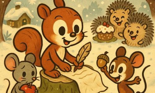 Noisette, petit écureuil roux au pelage brillant, écrit une lettre de Noël assis sur une souche mousseuse; à gauche Lola, petite souris grise, serre une pomme rouge; à droite Pipo, mulot brun, montre une noisette dorée en sautillant; trois hérissons rieurs sont derrière eux autour d’un petit gâteau; la scène se déroule dans une clairière enneigée décorée de guirlandes lumineuses avec de petites maisons de mousse en arrière-plan et des paquets colorés sur la neige, ambiance chaleureuse et cosy.