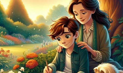 Un garçon de 10 ans, Lucas, aux cheveux châtains et aux yeux brillants, est assis sous un arbre dans le jardin, avec une expression mélancolique. Il dessine sur un carnet avec des crayons de couleur, se remémorant son chien bien-aimé, Max. Sa mère, une femme d'une trentaine d'années aux cheveux longs et bruns, est à ses côtés, lui souriant et posant une main douce sur son épaule. Le jardin est rempli de fleurs colorées et baigné de lumière, créant une atmosphère paisible. Lucas dessine un portrait de Max, évoquant les souvenirs heureux partagés, soulignant ainsi l'importance de célébrer la vie malgré la perte.