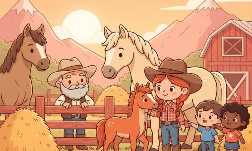 Lina, jeune cow‑girl d'environ 10–12 ans, sourit tournée vers la droite, tresses rousses, chapeau brun, chemise à carreaux rouge et bottes poussiéreuses, caressant doucement Éclair, un poulain baie au pelage roux vif et crinière en bataille aux grands yeux brillants qui se blottit contre elle; derrière lui, sa mère, une grande jument crème au museau posé contre lui, adopte une posture protectrice; à gauche Sable, le cheval de Lina baie sableuse, regarde calmement le groupe; un vieux rancher d'environ 60 ans, chapeau usé et barbe grise, sourit en s'appuyant sur une barrière en bois; deux enfants du ranch (garçon et fille, 6–8 ans) pointent de surprise joyeuse en vêtements colorés; lieu : cour de ranch au coucher du soleil avec barrière en bois rouge, tas de foin, herbe verte parsemée de fleurs jaunes, grange rouge et montagnes roses au loin; ambiance : retrouvailles chaleureuses et sereines centrées sur Lina et Éclair, expressions tendres, couleurs chaudes et éclairage doré, style kawaii minimal aux formes simples, contours fins et ombres douces.