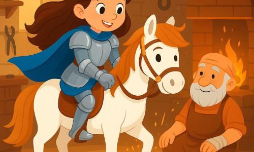 Une jeune chevaleresse, Zen, se tient fièrement sur son cheval Éclair. Elle a de longs cheveux bruns, une armure étincelante et une cape bleue. Son visage exprime détermination et gentillesse, avec un sourire confiant. À ses côtés, le vieux maréchal-ferrant maître Bérard, âgé d'environ 60 ans, est assis sur un tabouret en bois, regardant Zen avec admiration. Le décor est un atelier rustique, avec des murs en pierre et des étagères chargées d'outils. La scène montre Zen posant un fer à cheval sur Éclair, tandis que des étincelles jaillissent du foyer, créant une atmosphère de travail acharné et de camaraderie.