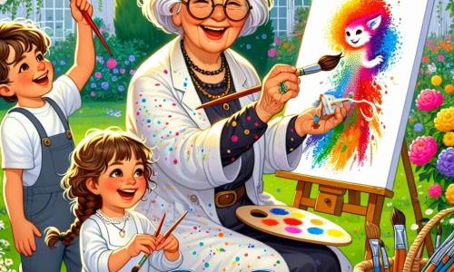 Margot, une femme âgée aux cheveux argentés et lunettes rondes, sourit en tenant un pinceau coloré et une palette de peinture. Elle porte une blouse blanche éclaboussée de couleurs vives. À ses côtés, Léo, un garçon de 8 ans aux cheveux bouclés, peint un dragon rouge sur une toile, tandis que Clara, une fillette de 7 ans avec des tresses, ajoute des touches de jaune et de bleu pour un arc-en-ciel. La scène se déroule dans le jardin ensoleillé de Margot, entouré de fleurs et d'arbres. Ils collaborent joyeusement pour créer un grand tableau, illustrant la magie de l'art et de l'amitié.