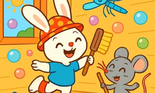 Petit Lapin, un adorable lapin aux grandes oreilles et au pelage blanc, saute de joie avec un sourire. Il porte un chapeau rigolo et des bottes rouges, tenant une brosse. À côté de lui, Souricette, une petite souris grise aux yeux pétillants, danse avec un balai. Madame Libellule, une libellule aux ailes colorées, vole en soufflant des bulles magiques. La scène se déroule dans une maison en bois lumineuse aux murs jaunes, avec des fenêtres ouvertes laissant entrer la lumière du soleil. Des bulles colorées flottent, créant une ambiance festive. Petit Lapin et ses amis nettoient la maison pour préparer une surprise pour Maman Lapine, en chantant et riant, remplis d'amour et d'excitation.