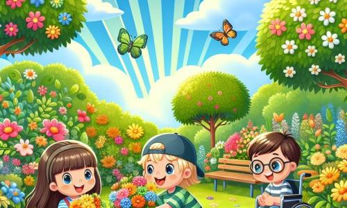 Dans un jardin fleuri, trois enfants sont réunis. Léa, 8 ans, cueille des fleurs jaunes avec un sourire. Tom, 9 ans, est assis dans sa chaise roulante, riant avec un bouquet coloré. Lucas, 7 ans, observe un caillou brillant. Le jardin est rempli de fleurs, de papillons et d'arbres aux feuilles vert tendre sous un ciel bleu parsemé de nuages. Les enfants préparent une chasse au trésor printanière, ramassant des trésors de la nature tout en s'amusant ensemble.
