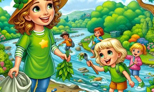 Nina, une fille de 8 ans aux cheveux bouclés et dorés, porte un chapeau de soleil et un t-shirt vert. Elle sourit joyeusement en ramassant des déchets au bord d'une rivière. À ses côtés, Madame Laurent, une dame d'environ 40 ans en tenue verte et chapeau en feuilles, montre aux enfants comment trier les déchets. Ils nettoient la rivière entourée de verdure, d'arbres majestueux et de fleurs colorées, tout en découvrant la beauté de la nature.