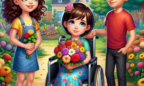 Il y a trois personnages principaux : Émilie, une fille de 10 ans avec des cheveux bouclés et bruns, souriante à gauche avec un bouquet de fleurs colorées ; Clara, une fille de 10 ans avec des cheveux lisses et châtains, assise dans un fauteuil roulant au centre, regardant Émilie avec un sourire timide ; et Max, un garçon de 10 ans avec des cheveux courts et blonds, à droite, observant ses amies avec un regard encourageant. Le décor est un jardin d'école fleuri avec des arbres verdoyants et un ciel bleu. Émilie offre le bouquet à Clara tandis que Max les regarde avec bienveillance, créant une atmosphère douce et chaleureuse, illustrant un moment de réconfort entre amis face à la perte.