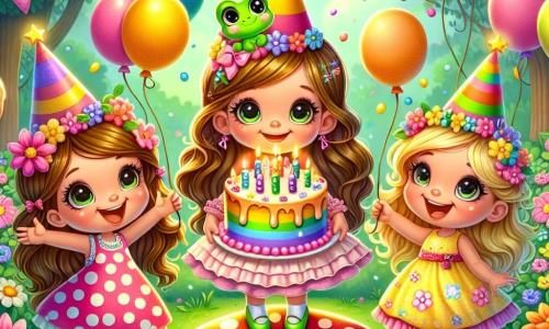 Il y a trois personnages principaux : Lila, une petite fille de 4 ans avec de longs cheveux bruns, souriante au centre avec un gâteau d'anniversaire ; Mia, une autre petite fille de 4 ans avec des cheveux blonds en tresses, sautant de joie à côté de Lila ; et Grinchette, une grenouille verte sur un champignon, faisant des pirouettes. L'action se déroule dans un jardin enchanteur rempli de fleurs et de ballons, où Lila et Mia célèbrent l'anniversaire de Lila, entourées d'amis animaux, prêtes à souffler les bougies, tandis que Grinchette danse joyeusement.
