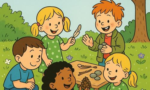 Quatre enfants forment un cercle autour d'une petite table en bois dans un jardin de printemps lumineux : un garçon d'environ 7 ans aux cheveux bruns courts en bottes jaunes accroupi à gauche regarde un papillon blanc posé sur une fleur; une fille d'environ 6 ans aux cheveux blonds en couettes en robe verte à pois, au centre droite, tient une plume et sourit; une fille d'environ 5 ans aux cheveux noirs bouclés en pull rose est assise devant la table et montre une pomme de pin; un garçon d'environ 6 ans aux cheveux roux en bataille en veste kaki se tient debout derrière la table, ramasse des cailloux et rit en regardant ses mains sales; pelouse verte mouillée de rosée, petites fleurs violettes et blanches, arbre feuillu à droite, ciel bleu pâle avec quelques nuages, objets sur la table (plume, pomme de pin, brindille, cailloux), style clair aux contours nets, couleurs vives, textures douces et expressions joyeuses, composition chaleureuse et lisible pour un enfant de 4 ans.