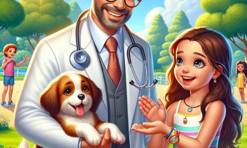 Monsieur Dupont, vétérinaire d'une cinquantaine d'années avec des cheveux poivre et sel et des lunettes rondes, sourit au centre de la scène, entouré d'animaux. À sa droite, Sophie, 8 ans, tient un chiot et affiche un grand sourire. À gauche, Clara, 7 ans, observe un petit chien à ses pieds avec curiosité. La scène se déroule dans un parc verdoyant, sous un soleil doré, avec des enfants jouant au loin et des fleurs colorées au sol. Monsieur Dupont montre à Sophie comment écouter le cœur de son chiot avec un stéthoscope, tandis que les autres enfants les regardent avec admiration.