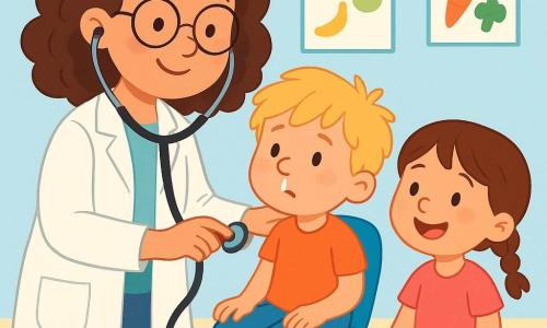 Madame Lila, une médecin souriante aux cheveux bruns et bouclés, porte une blouse blanche et des lunettes rondes. Elle a un regard chaleureux et tient un stéthoscope. À côté d'elle, un petit garçon de 5 ans, avec des cheveux blonds en bataille et un nez qui coule, est assis sur une chaise avec un mouchoir à la main. Une petite fille de 4 ans, aux cheveux châtains et tressés, a une bosse au genou et un pansement coloré, et sourit assise sur le sol. La scène se déroule dans une salle de consultation lumineuse aux murs bleu pastel, avec des affiches de fruits et légumes et des jouets éparpillés. Madame Lila écoute le cœur du garçon tandis que la petite fille montre son pansement. L'atmosphère est joyeuse et rassurante, remplie de rires d'enfants.