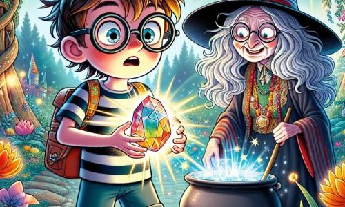 Un garçon de 11 ans, Timothée, se tient au centre de l'image avec des cheveux en bataille et des lunettes trop grandes. Il sourit émerveillé, tenant une pierre magique scintillante. Il porte un t-shirt rayé, un short et des chaussettes dépareillées. À sa droite, Madame Pompon, une vieille sorcière d'environ 70 ans, est penchée sur un chaudron bouillonnant, souriant espièglement avec une cuillère en bois. Le décor est une clairière enchantée, entourée d'arbres tordus et de fleurs multicolores. Timothée, inquiet et excité, découvre le pouvoir de la pierre, tandis que Madame Pompon l'observe avec amusement, prête à l'aider à comprendre la magie.