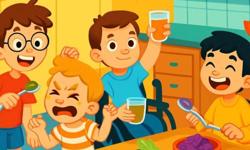Quatre enfants sont réunis dans une cuisine lumineuse aux murs jaunes. Louis, 10 ans, cheveux bruns en bataille et lunettes rondes, tient une cuillère avec un grand sourire. Tim, 9 ans, blond avec des taches de rousseur, est accroupi, faisant une grimace drôle après avoir goûté. Max, 10 ans, aux cheveux noirs et yeux curieux, rit aux éclats sur une chaise, cuillère à la main. Sam, 10 ans, châtain et souriant, est en fauteuil roulant, levant son verre avec détermination. Ils goûtent ensemble des plats étranges, créant une atmosphère joyeuse et pleine d'aventure.