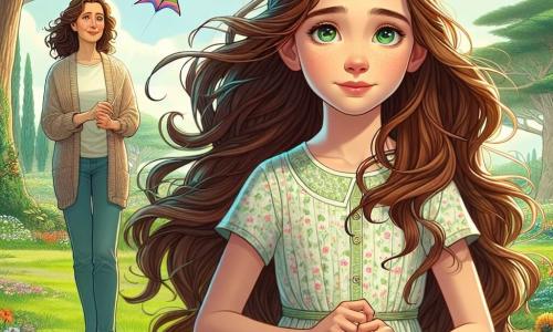 Célestine, une fille de 12 ans, se tient dans un parc verdoyant, les yeux brillants de mélancolie. Elle a de longs cheveux châtains et porte une robe légère aux motifs floraux. Elle tient un cerf-volant coloré, prête à le laisser s'envoler. À ses côtés, sa mère, une femme d'une trentaine d'années, la regarde avec tendresse, souriante et réconfortante. Le parc est rempli d'arbres majestueux et de fleurs colorées, créant une atmosphère paisible. Célestine, regardant le cerf-volant, symbolise son amour pour sa grand-mère disparue et sa promesse de vivre pleinement malgré la tristesse.
