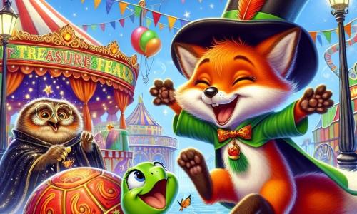 Un petit renard pirate nommé Rémy, avec un pelage orange et un grand chapeau noir, saute de joie en tenant une carte au trésor. À ses côtés, Tilly, une tortue joyeuse en costume de clown, rit en roulant sur le sol. Hugo, un hibou sage en cape de magicien, les observe avec un sourire malicieux. La scène se déroule lors d'un carnaval animé, avec des guirlandes colorées et des odeurs de friandises. Rémy, Tilly et Hugo se tiennent devant un chapiteau de cirque, découvrant un coffre en bois orné de rubans, prêt à révéler un trésor de friandises et de jouets.