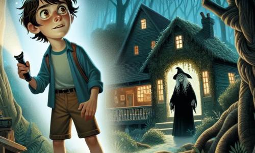 Lucas, un garçon de 12 ans, se tient devant une vieille maison abandonnée, affichant une expression de curiosité mêlée d'appréhension. Il a des cheveux bruns en désordre, des yeux déterminés et porte un t-shirt bleu avec un short kaki. Il tient une lampe torche qui éclaire l'entrée de la maison. À l'arrière-plan, une sorcière âgée, au visage ridé et aux longs cheveux gris, observe Lucas avec un sourire mystérieux. Le décor est une forêt dense, avec des arbres noueux et une maison recouverte de lierre, baignée d'une lumière crépusculaire. Lucas, courageux mais nerveux, est prêt à entrer dans la maison tandis que la sorcière l'observe, créant une atmosphère de mystère et d'aventure.