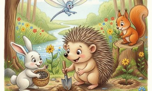 Un petit hérisson brun clair aux yeux ronds et souriants, Hugo, plante une graine avec une petite pelle en bois tandis que Lila la libellule aux ailes irisées vole au-dessus en pointant une fleur naissante, un petit lapin blanc à gauche tend une graine depuis son panier de graines de tournesol et un écureuil roux sur une souche dépose de petites plantes ; en arrière-plan une rivière claire serpente entre herbes vertes et fleurs colorées, la forêt lumineuse aux troncs bruns et feuillage tendre, sol légèrement humide avec quelques pierres moussues, ambiance collective de plantation et de nettoyage, gestes amicaux et atmosphère chaleureuse et pleine d’espoir.