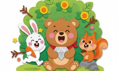 Oscar, gros ours en peluche brun clair souriant aux joues roses et petit foulard rouge tient un caillou brillant; à sa gauche sur la pointe des pieds, Léa la lapine blanche aux grandes oreilles roses, excitée, tient une carotte orange; à droite, Toto l'écureuil roux malicieux perché sur un rocher tient une noisette; devant un buisson rond vert parsemé de fleurs jaunes et de feuilles en forme de cœur sur une herbe verte, les trois amis rient après avoir retrouvé leurs trésors, entourés de flèches en bâtons et de petites gommettes étoiles, ambiance colorée, ronde et simple comme un sticker.