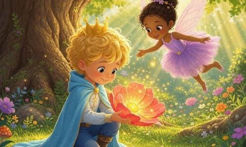 Un petit prince d'environ six ans, cheveux blonds bouclés, cape bleue claire et petite couronne d'or, s'agenouille pour cueillir une grosse fleur magique corail au centre doré étincelant tandis qu'une fée nommée Mimi, petite fille de cinq ans aux ailes translucides rose pâle et robe lilas, vole au-dessus de son épaule en l'encourageant, la fleur illuminant doucement la clairière herbeuse sous un grand chêne.