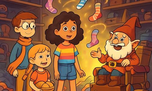 Nina, une fille de 12 ans aux cheveux châtains bouclés et aux yeux curieux, se tient au centre d'une salle magique entourée de chaussettes dansantes. Elle porte un t-shirt coloré, un short en jean et des baskets magiques. À ses côtés, Simon, également 12 ans, avec des lunettes rondes et une écharpe longue, observe les chaussettes avec amusement. Naëlle, 11 ans, avec des cheveux blonds en tresse et un panier de petits pains, sourit en les regardant. La salle, aux murs couverts d'étagères biscornues, est remplie d'objets oubliés et illuminée par une source magique, créant une ambiance féerique. Ils tentent de négocier avec le roi Déglingo, un gnome sur un trône de valises, tandis que les chaussettes dansent autour d'eux.