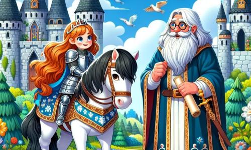 Élodie, une jeune chevaleresse, se tient fièrement sur son cheval noir Fidèle. Elle a de longs cheveux châtains, une armure ornée de motifs floraux et un visage déterminé. À ses côtés, le roi, un vieux sage de 60 ans avec une longue barbe blanche, l'encourage avec un sourire. Derrière eux, un château majestueux avec des tours en pierre grise et des jardins fleuris. Élodie se prépare à emprunter un chemin menant à la grande forêt pour trouver une plante magique afin de guérir son village, entourée d'une atmosphère d'aventure et d'espoir.