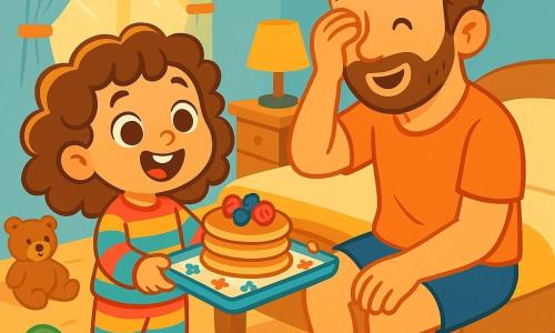 Une petite fille de 4 ans, avec de grands yeux pétillants et des cheveux bouclés châtains, se tient devant un lit, souriante et excitée. Elle porte un pyjama rayé coloré et tient un plateau décoré avec un pancake et des fruits frais. À côté d'elle, un papa d'une trentaine d'années, avec une barbe douce et des cheveux bruns, se frotte les yeux, surpris et amusé, assis sur le bord du lit. Il porte un t-shirt décontracté et un short, regardant sa fille avec tendresse. La scène se déroule dans une chambre chaleureuse, avec des murs bleu clair et des jouets éparpillés. La petite fille offre fièrement son plateau de pancakes à son papa, créant un moment joyeux et complice entre eux.